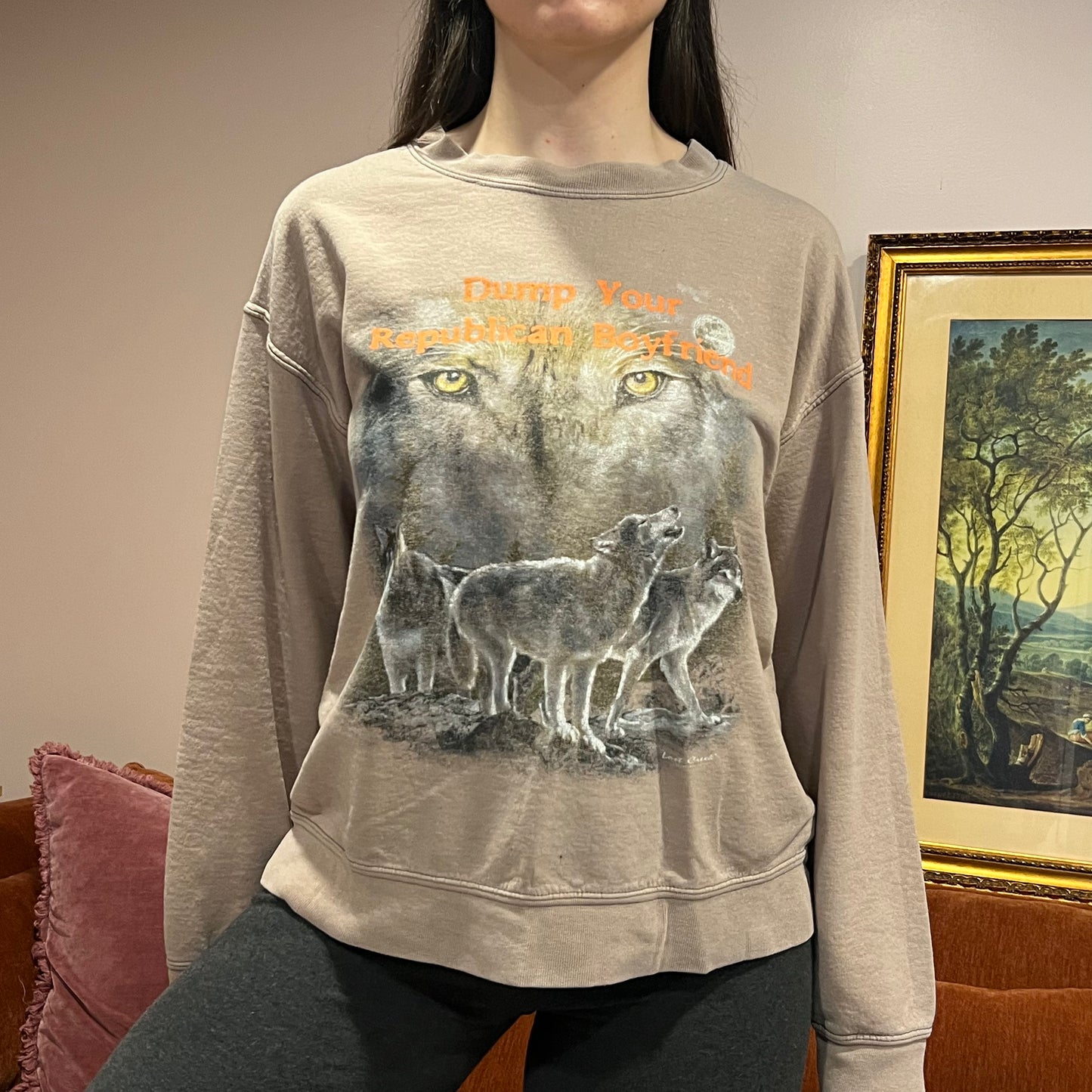 DUMP YOUR REPUBLICAN BOYFRIEND animal crewneck with orange text (S/M)