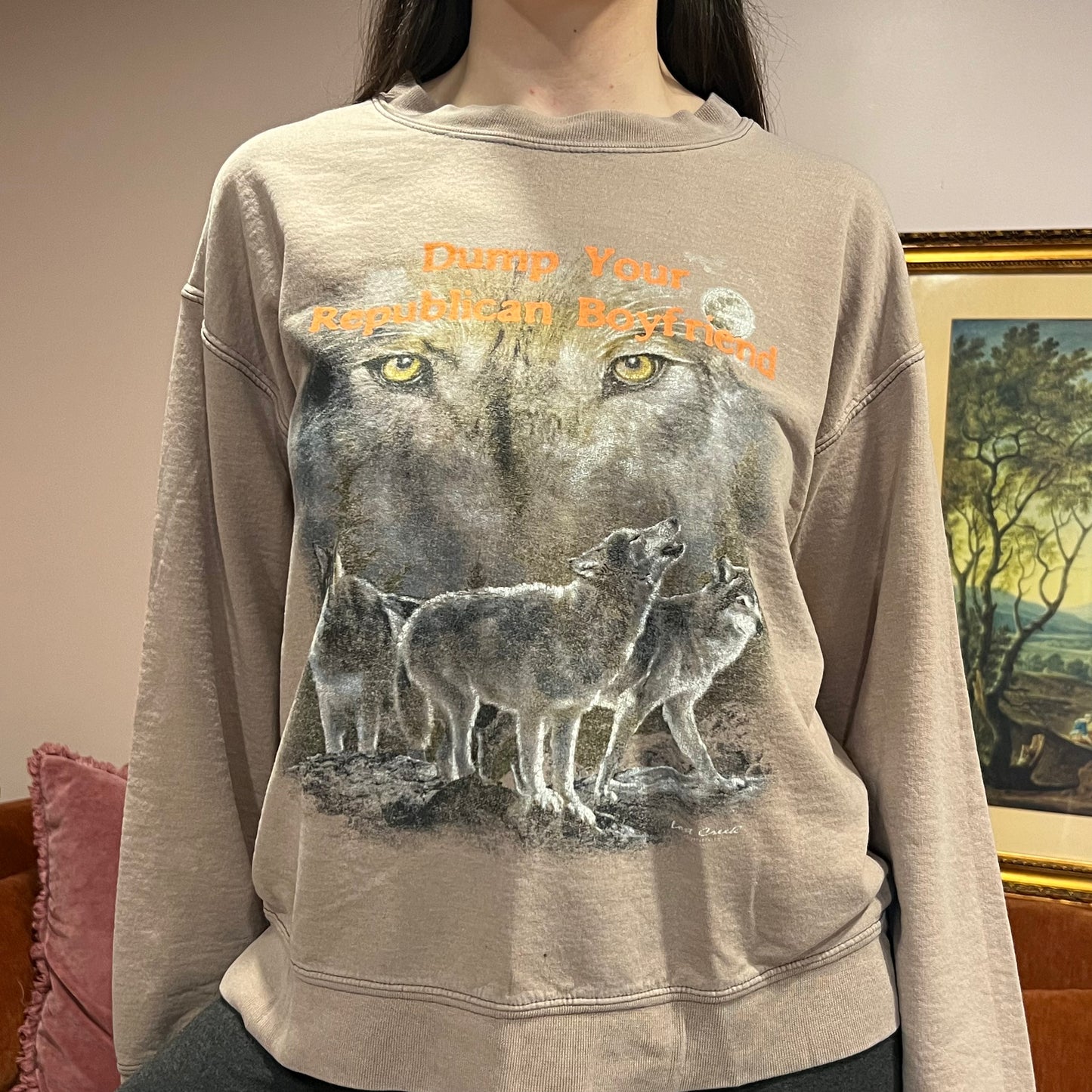 DUMP YOUR REPUBLICAN BOYFRIEND animal crewneck with orange text (S/M)