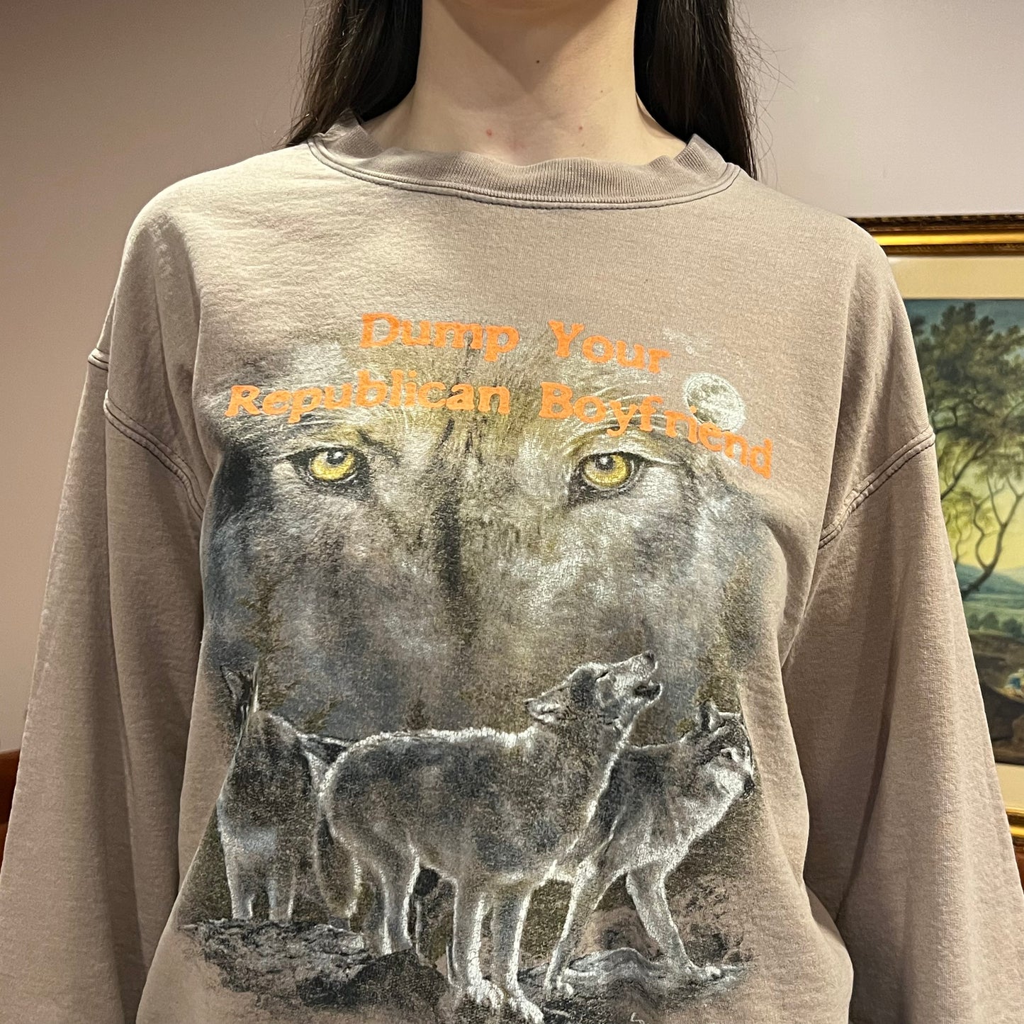 DUMP YOUR REPUBLICAN BOYFRIEND animal crewneck with orange text (S/M)