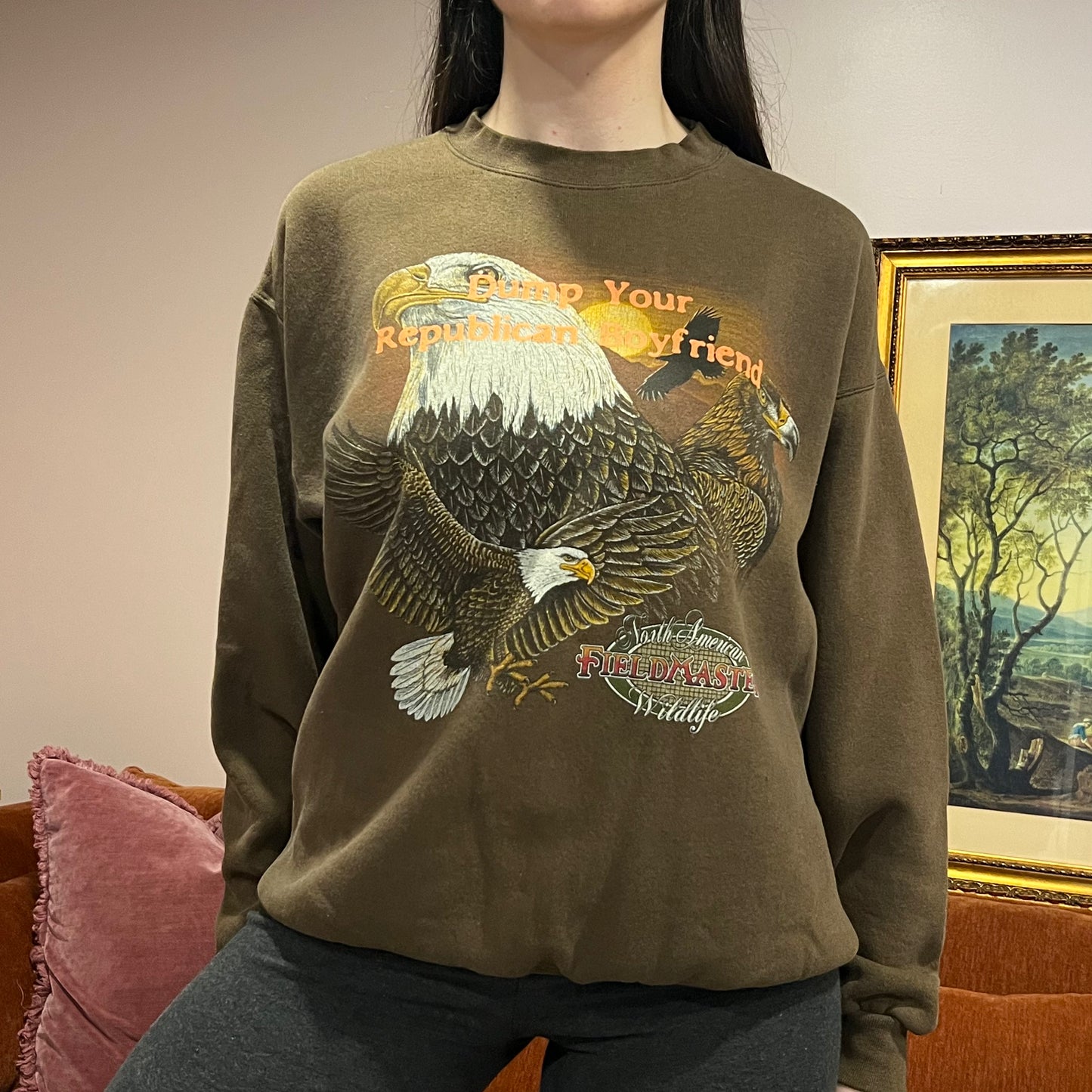 DUMP YOUR REPUBLICAN BOYFRIEND animal crewneck with orange text (L)