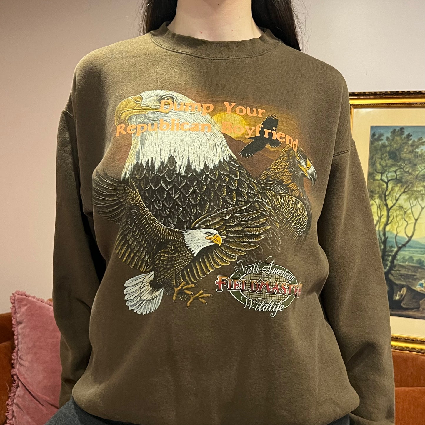 DUMP YOUR REPUBLICAN BOYFRIEND animal crewneck with orange text (L)