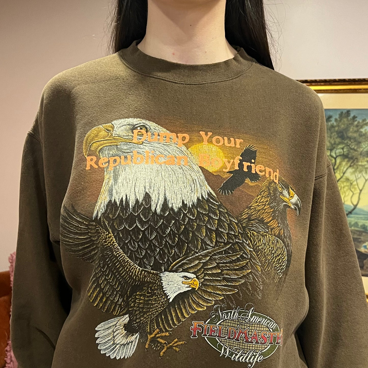 DUMP YOUR REPUBLICAN BOYFRIEND animal crewneck with orange text (L)