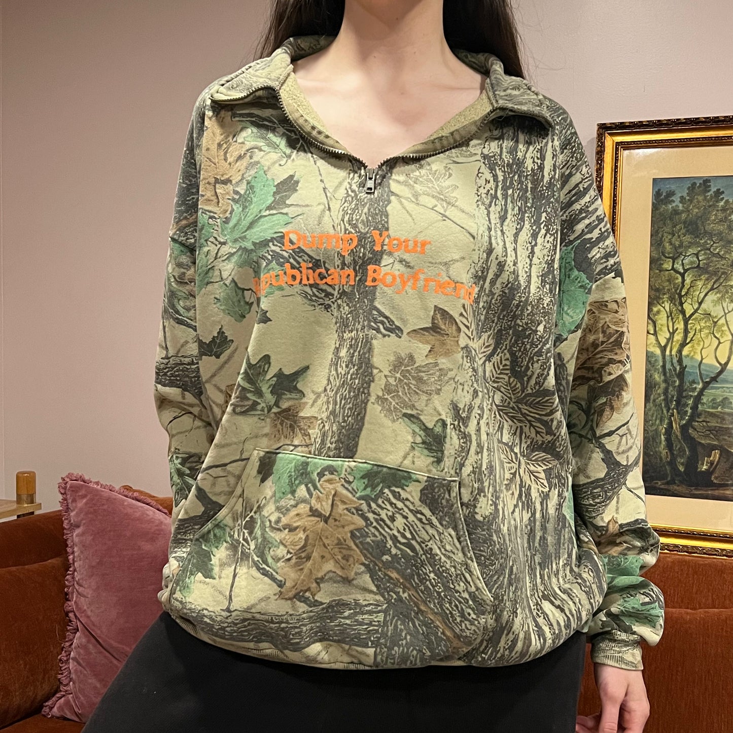 DUMP YOUR REPUBLICAN BOYFRIEND camo zip-up with orange text (3XL)
