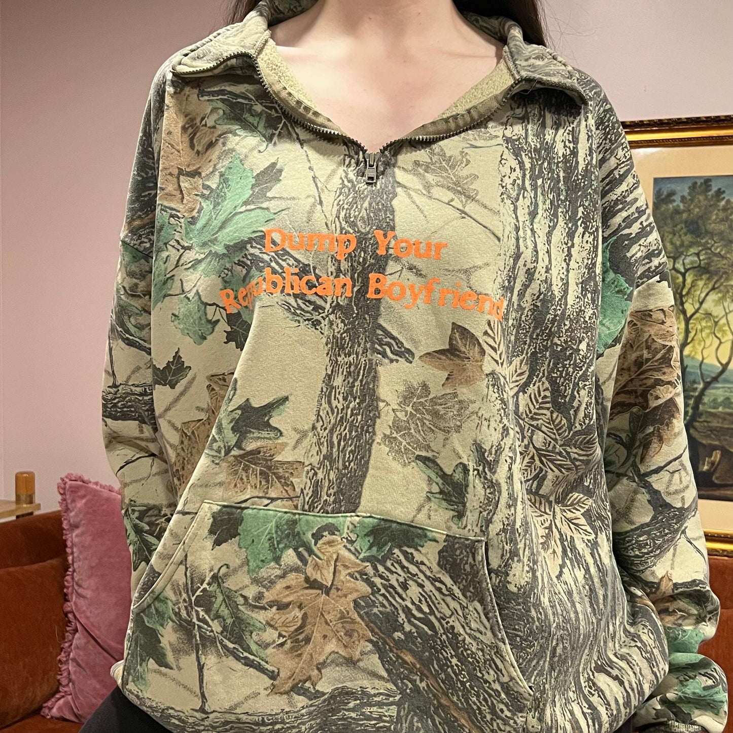 DUMP YOUR REPUBLICAN BOYFRIEND camo zip-up with orange text (3XL)