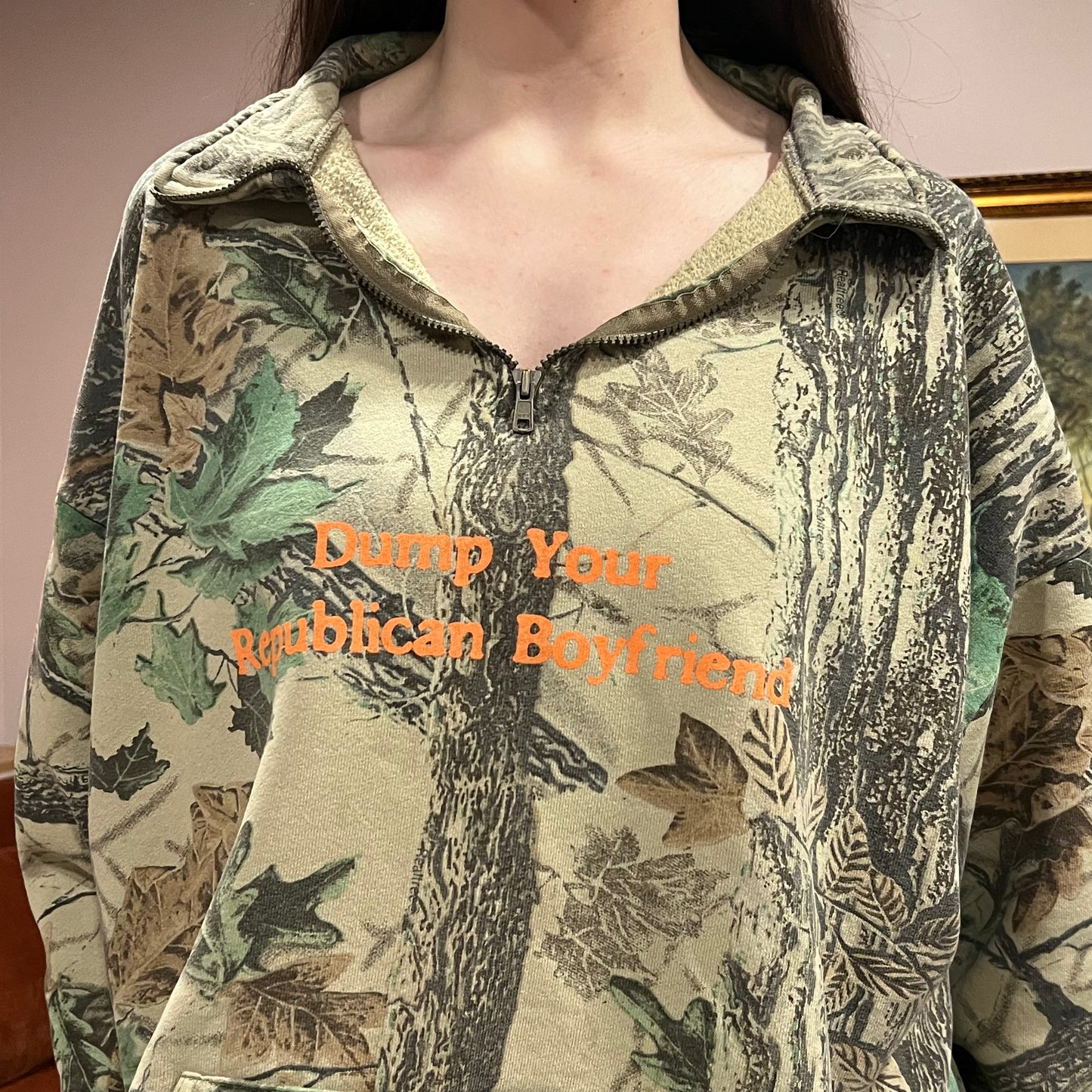 DUMP YOUR REPUBLICAN BOYFRIEND camo zip-up with orange text (3XL)