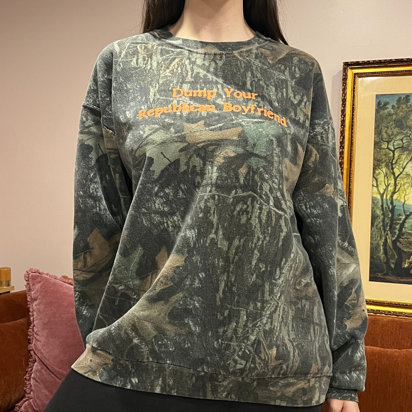 DUMP YOUR REPUBLICAN BOYFRIEND camo crewneck with orange text (2XL)