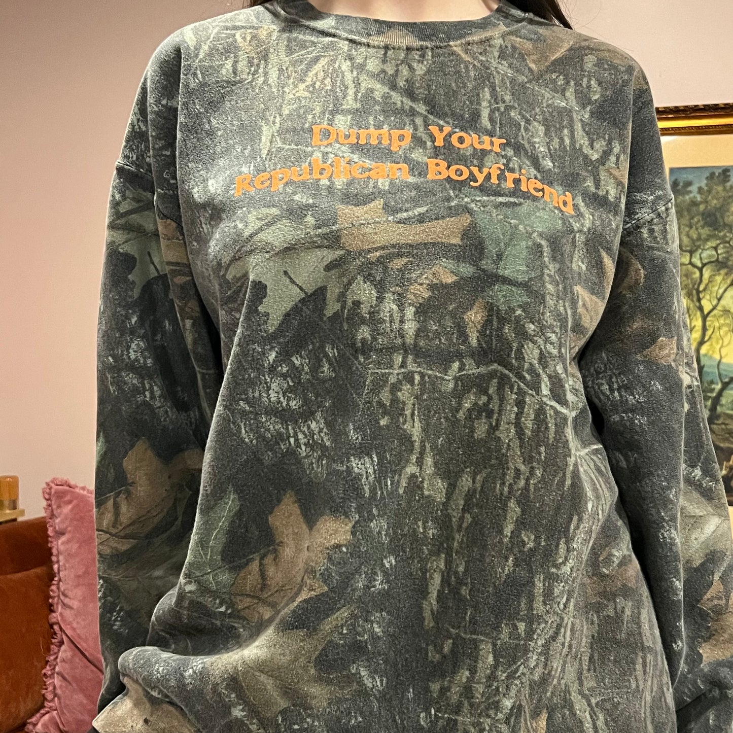DUMP YOUR REPUBLICAN BOYFRIEND camo crewneck with orange text (2XL)