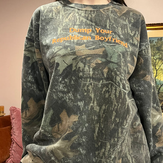 DUMP YOUR REPUBLICAN BOYFRIEND camo crewneck with orange text (2XL)