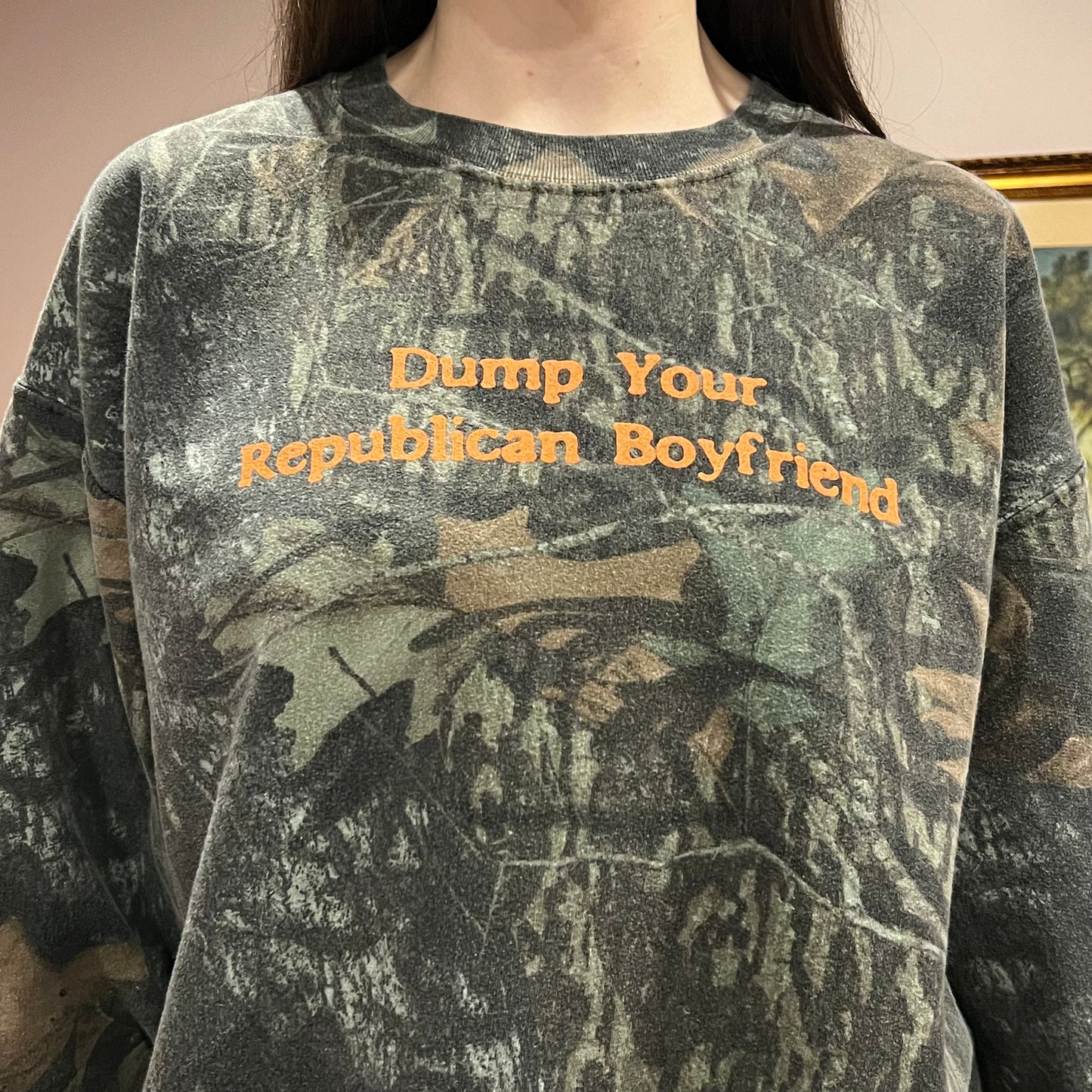 DUMP YOUR REPUBLICAN BOYFRIEND camo crewneck with orange text (2XL)
