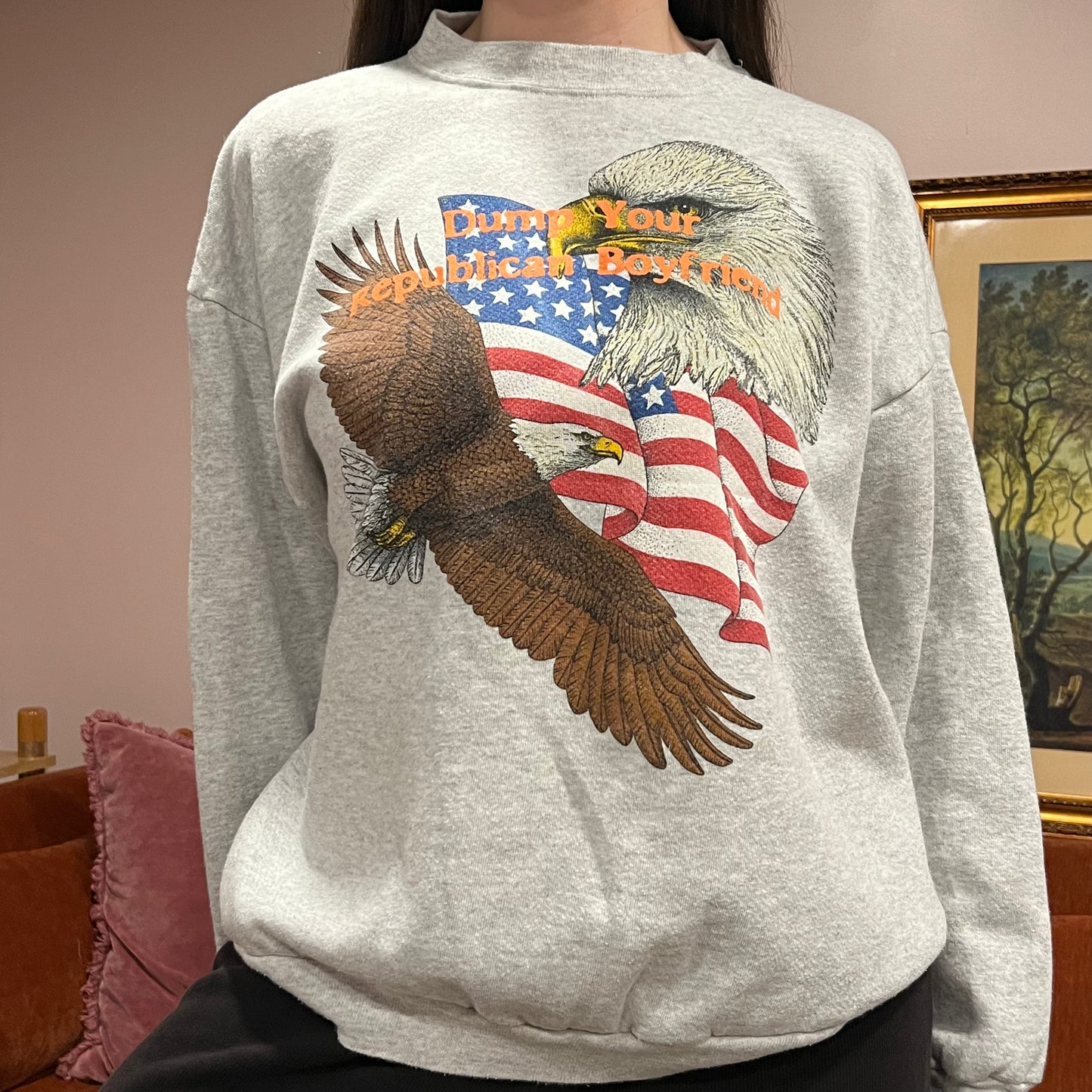 DUMP YOUR REPUBLICAN BOYFRIEND animal crewneck with orange text (XL)