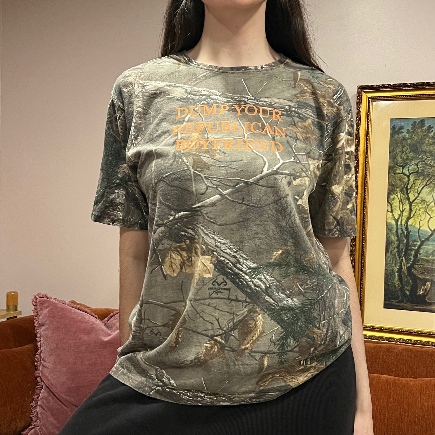 DUMP YOUR REPUBLICAN BOYFRIEND camo t-shirt with orange text (L)