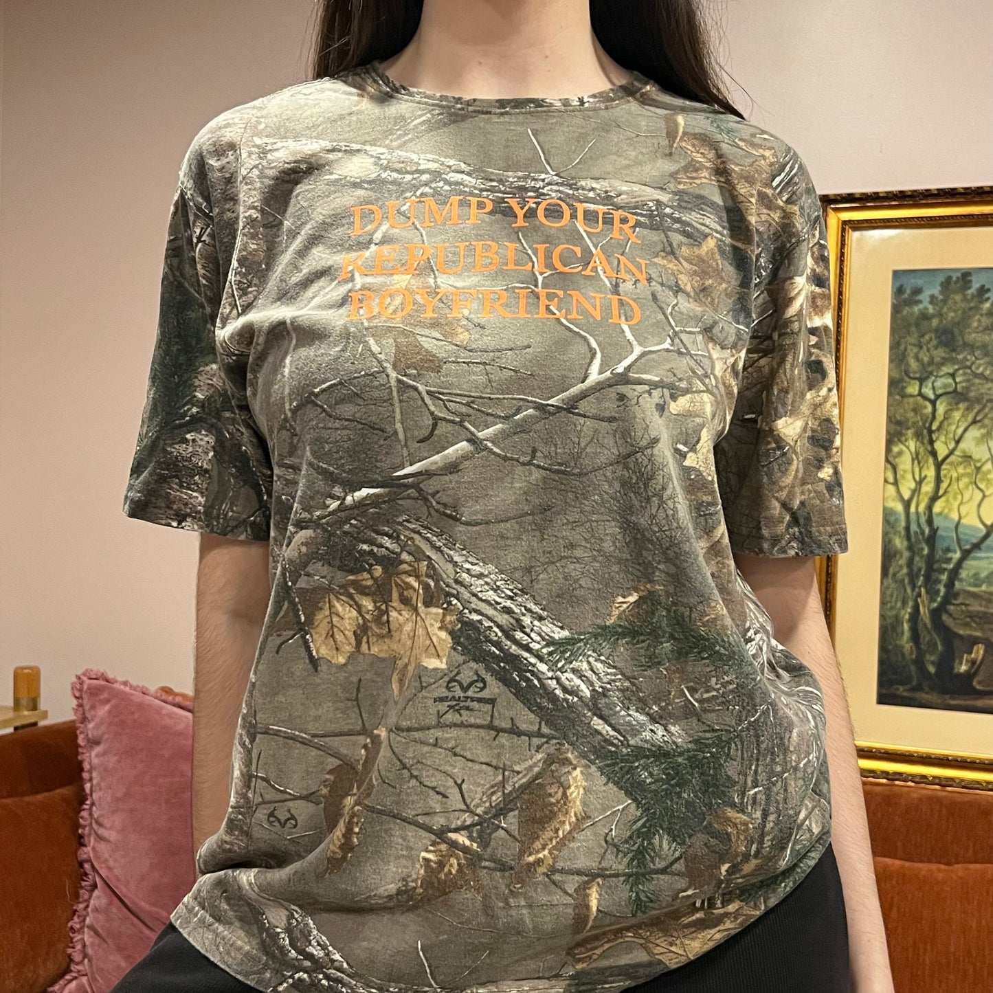 DUMP YOUR REPUBLICAN BOYFRIEND camo t-shirt with orange text (L)