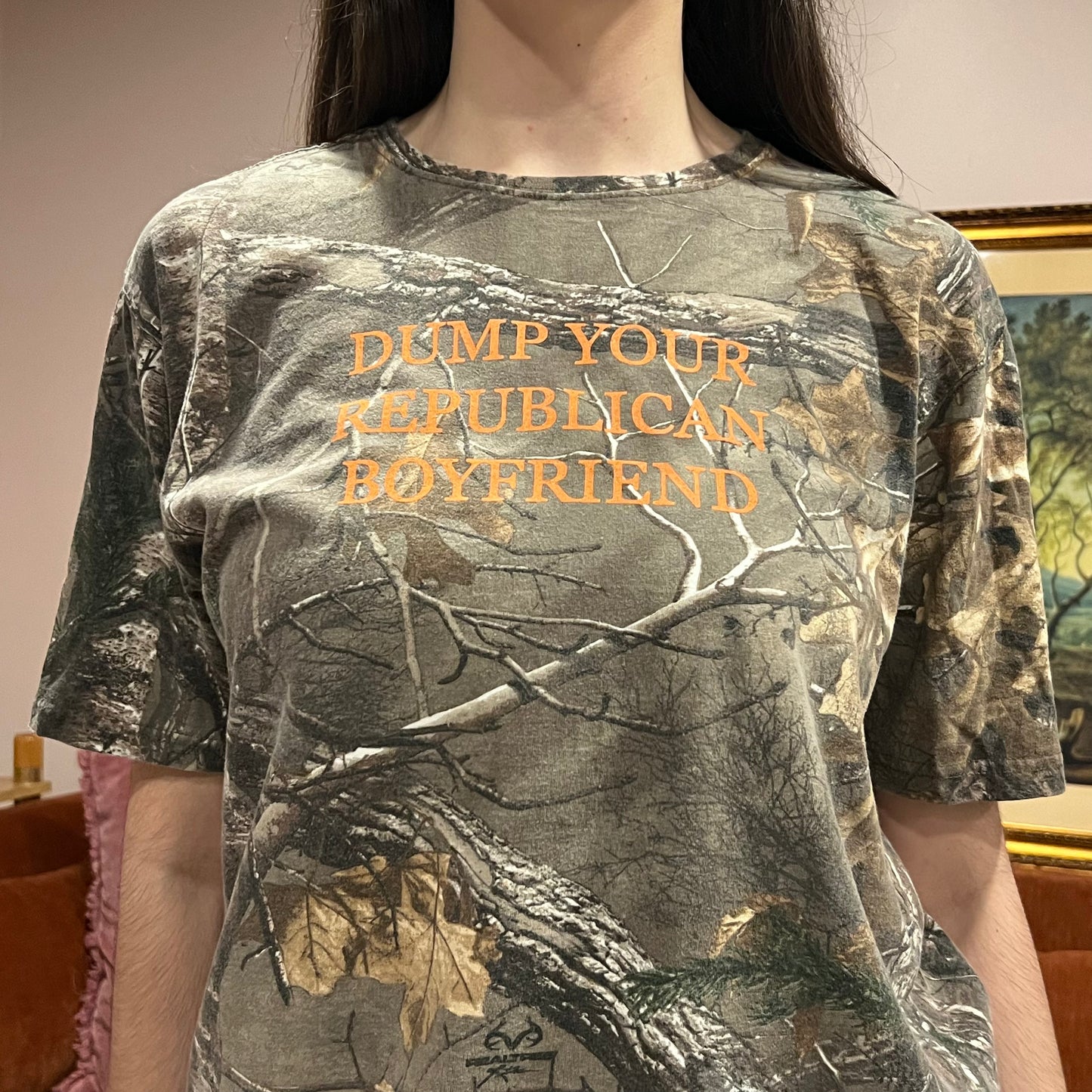 DUMP YOUR REPUBLICAN BOYFRIEND camo t-shirt with orange text (L)