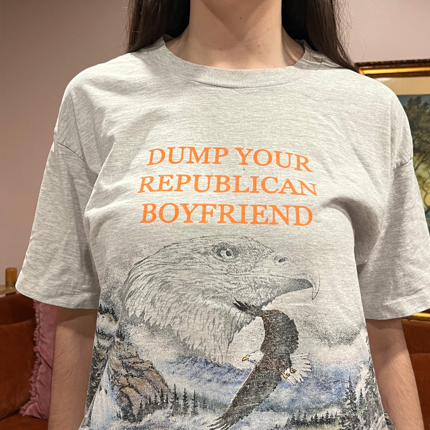 DUMP YOUR REPUBLICAN BOYFRIEND animal t-shirt with orange text (XL)