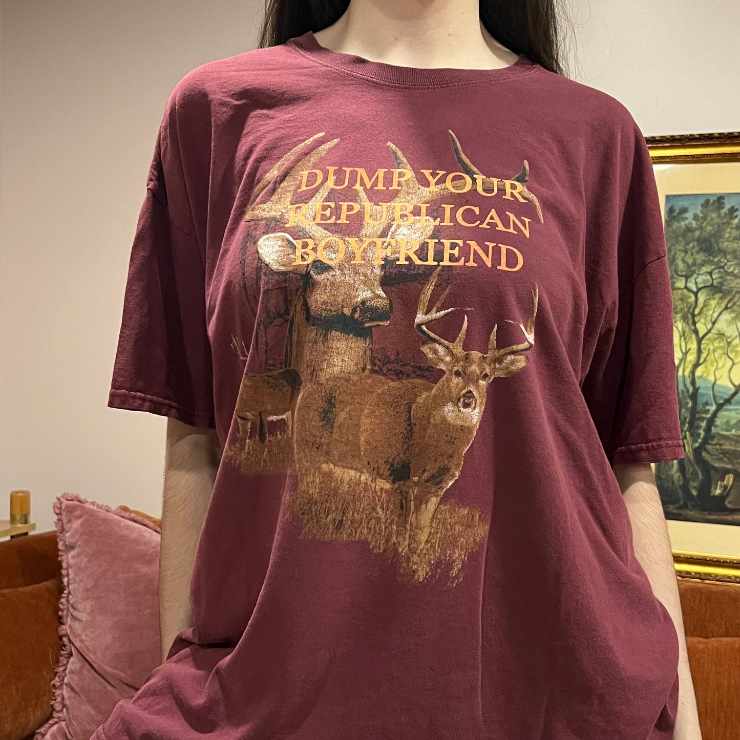DUMP YOUR REPUBLICAN BOYFRIEND animal t-shirt with orange text (XL)