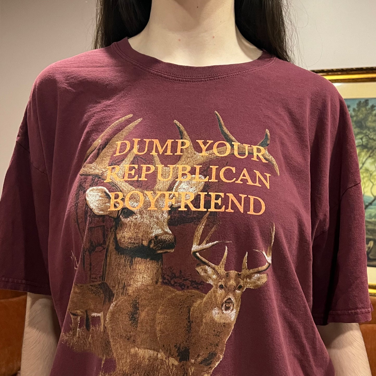 DUMP YOUR REPUBLICAN BOYFRIEND animal t-shirt with orange text (XL)