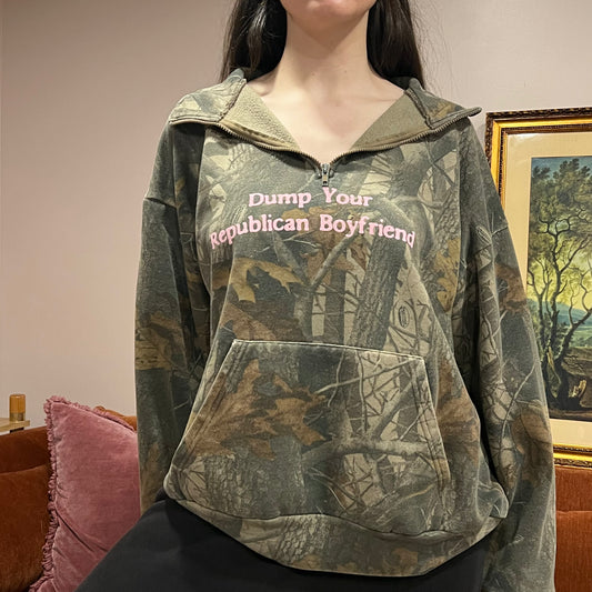 DUMP YOUR REPUBLICAN BOYFRIEND camo zip-up with pink text (XL)
