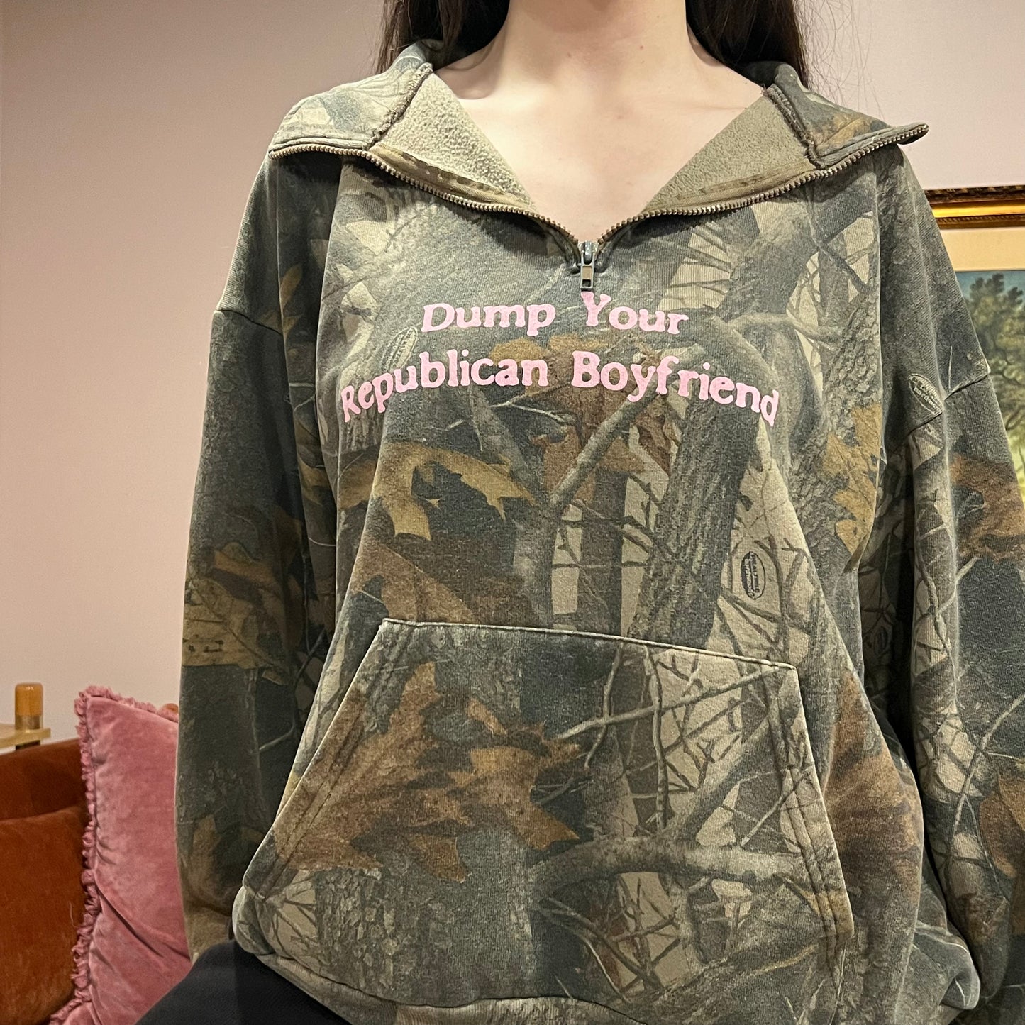 DUMP YOUR REPUBLICAN BOYFRIEND camo zip-up with pink text (XL)