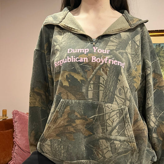 DUMP YOUR REPUBLICAN BOYFRIEND camo zip-up with pink text (XL)