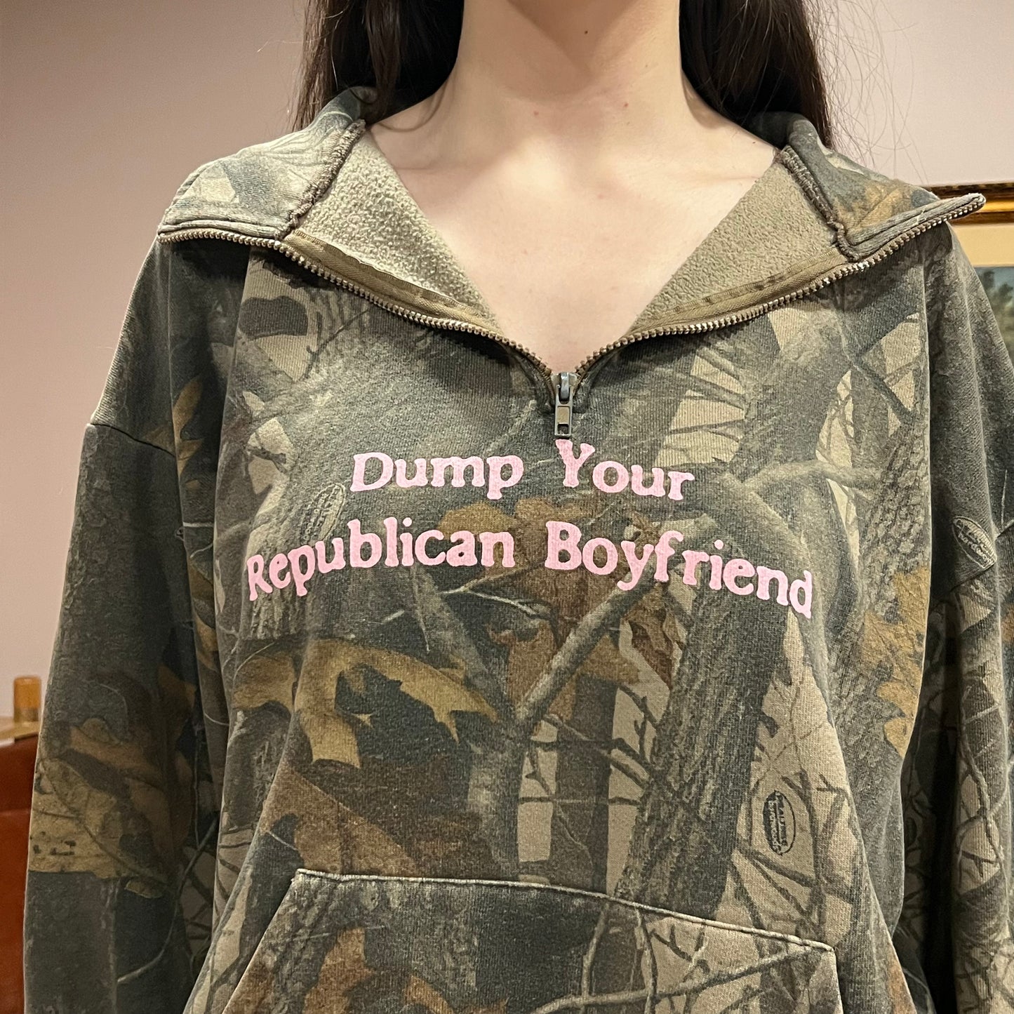 DUMP YOUR REPUBLICAN BOYFRIEND camo zip-up with pink text (XL)