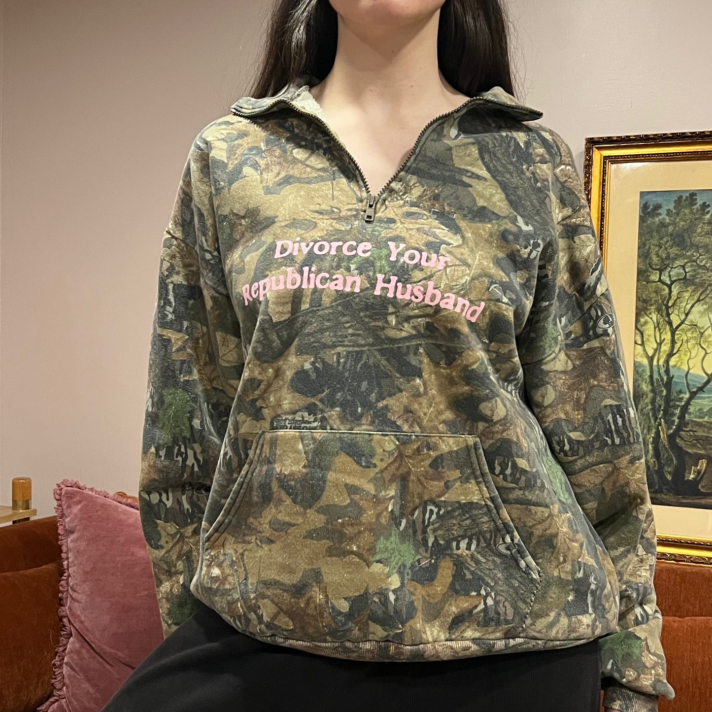 DIVORCE YOUR REPUBLICAN HUSBAND camo zip-up with pink text (XL)