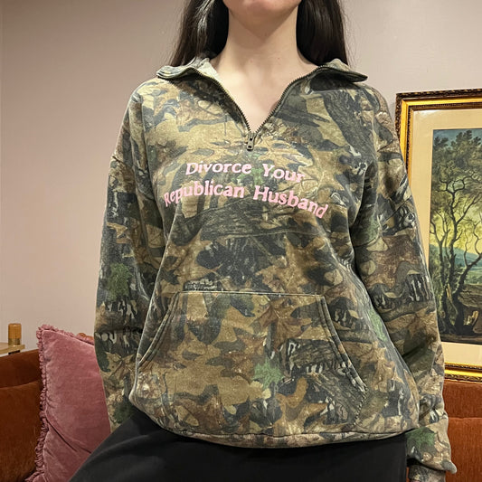 DIVORCE YOUR REPUBLICAN HUSBAND camo zip-up with pink text (XL)