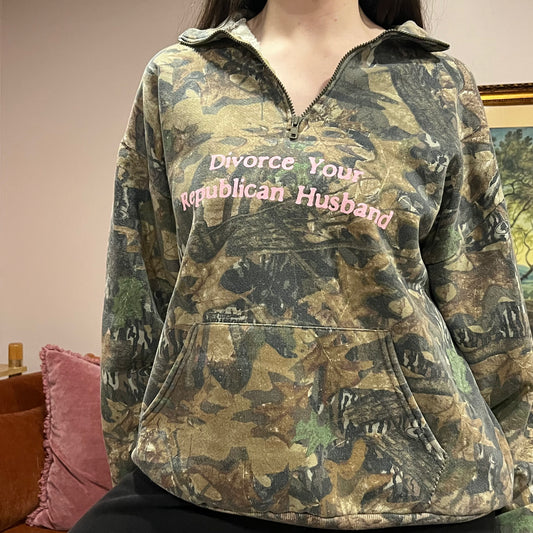 DIVORCE YOUR REPUBLICAN HUSBAND camo zip-up with pink text (XL)
