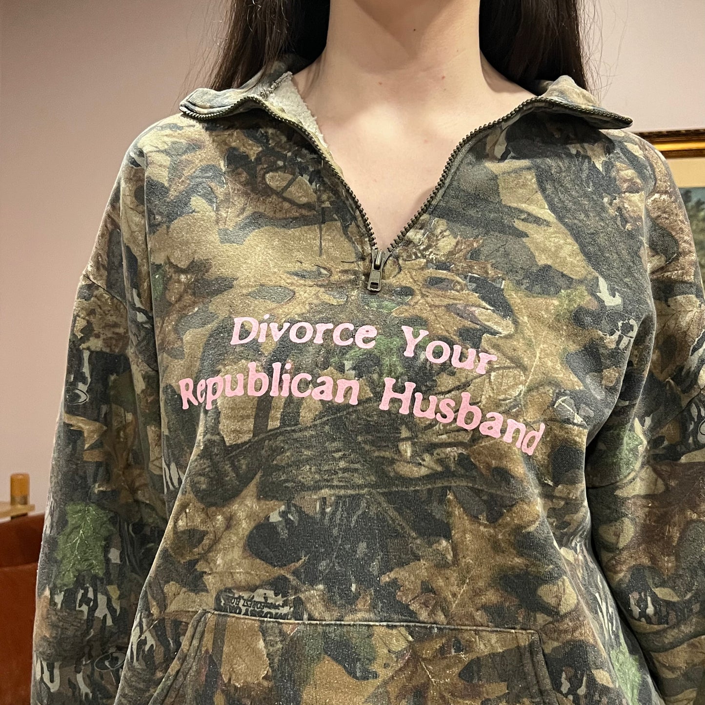 DIVORCE YOUR REPUBLICAN HUSBAND camo zip-up with pink text (XL)