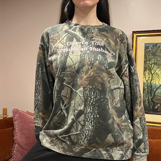 DIVORCE YOUR REPUBLICAN HUSBAND camo crewneck with pink text (L)