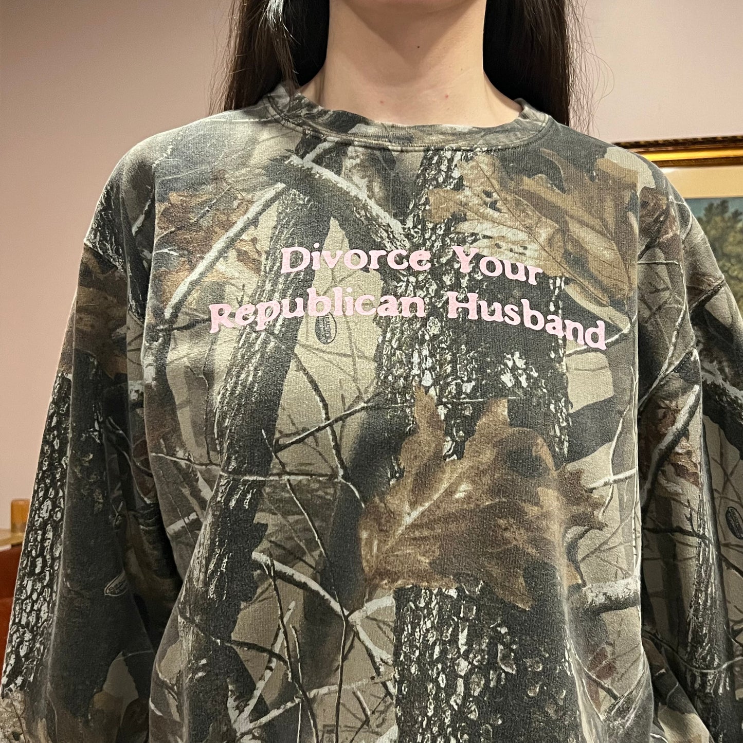 DIVORCE YOUR REPUBLICAN HUSBAND camo crewneck with pink text (L)