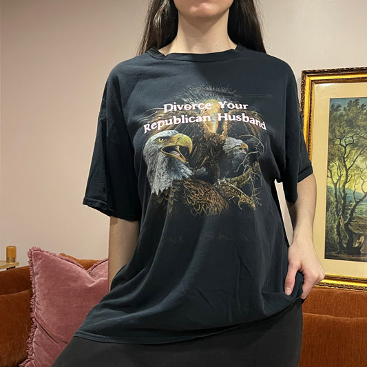 DIVORCE YOUR REPUBLICAN HUSBAND animal t-shirt with pink text (XL)