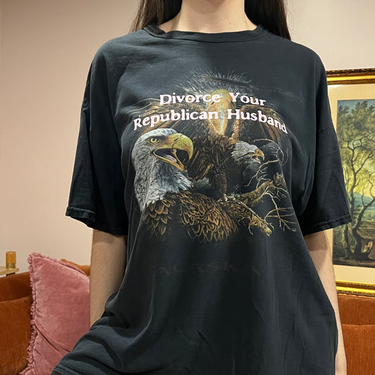 DIVORCE YOUR REPUBLICAN HUSBAND animal t-shirt with pink text (XL)