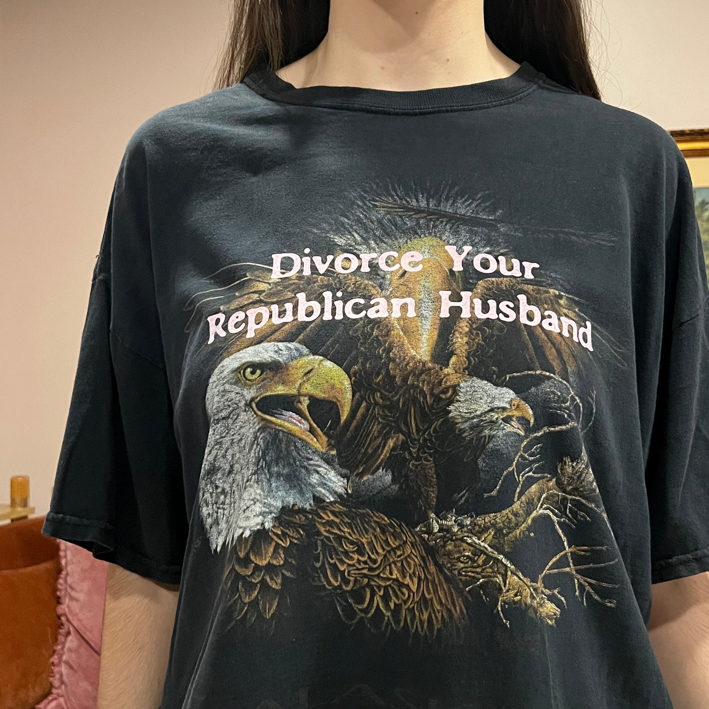 DIVORCE YOUR REPUBLICAN HUSBAND animal t-shirt with pink text (XL)