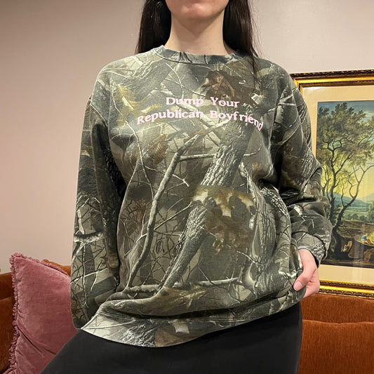DUMP YOUR REPUBLICAN BOYFRIEND camo crewneck with pink text (XL)