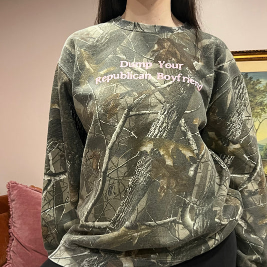DUMP YOUR REPUBLICAN BOYFRIEND camo crewneck with pink text (XL)