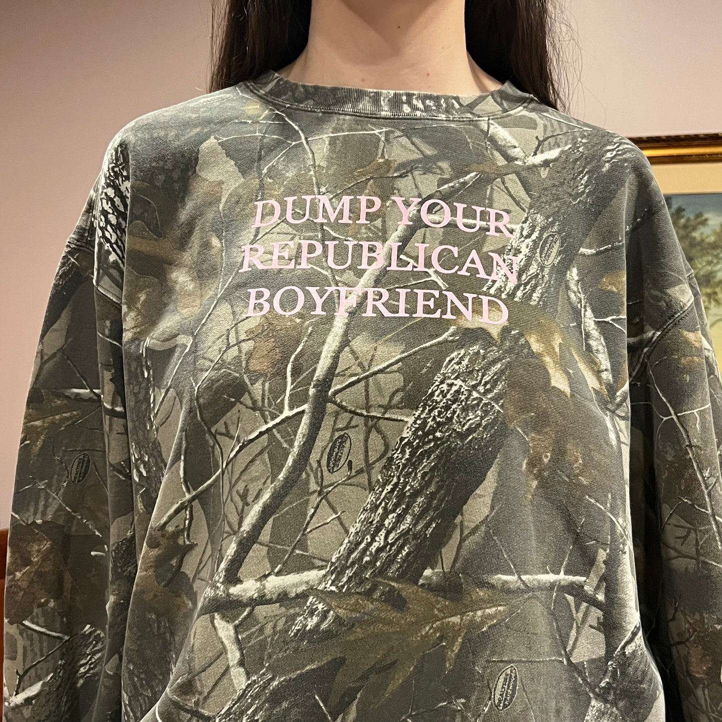 DUMP YOUR REPUBLICAN BOYFRIEND camo crewneck with pink text (2XL)