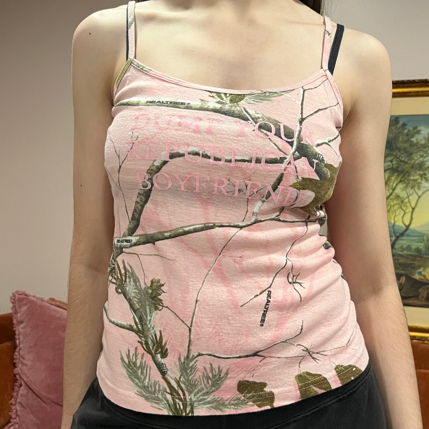 DUMP YOUR REPUBLICAN BOYFRIEND pink camo tank with pink text (S)