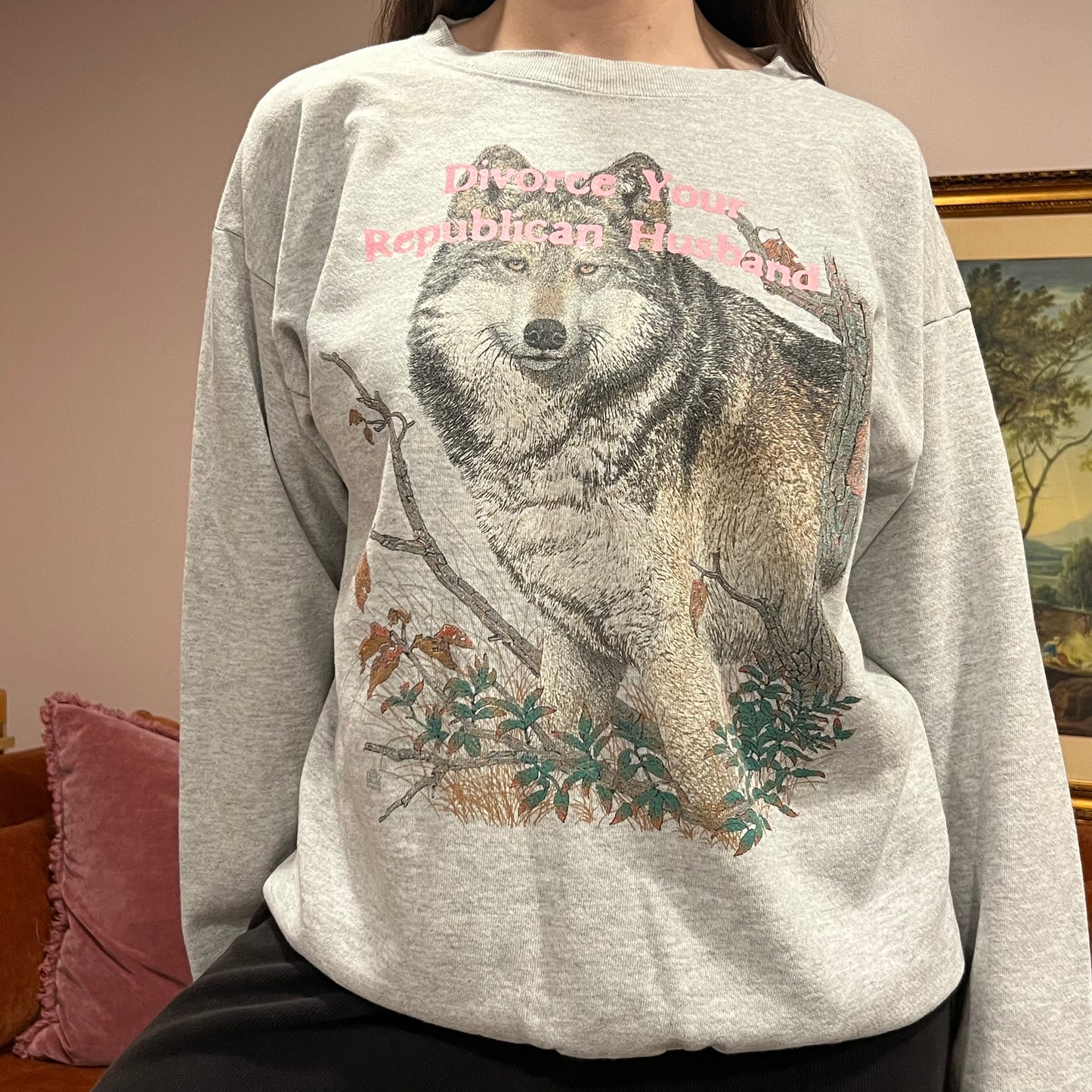 DIVORCE YOUR REPUBLICAN HUSBAND animal crewneck with pink text (L)