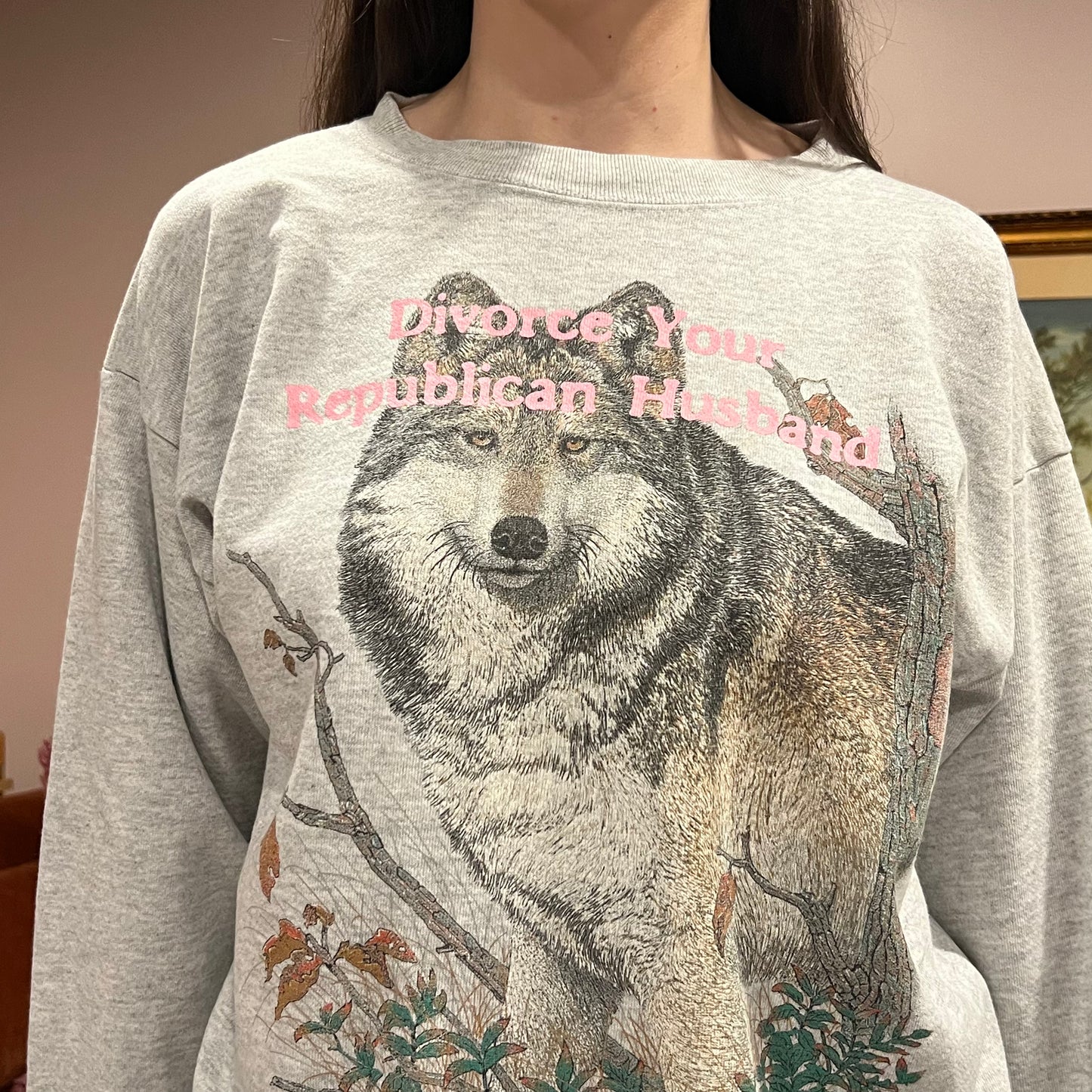 DIVORCE YOUR REPUBLICAN HUSBAND animal crewneck with pink text (L)