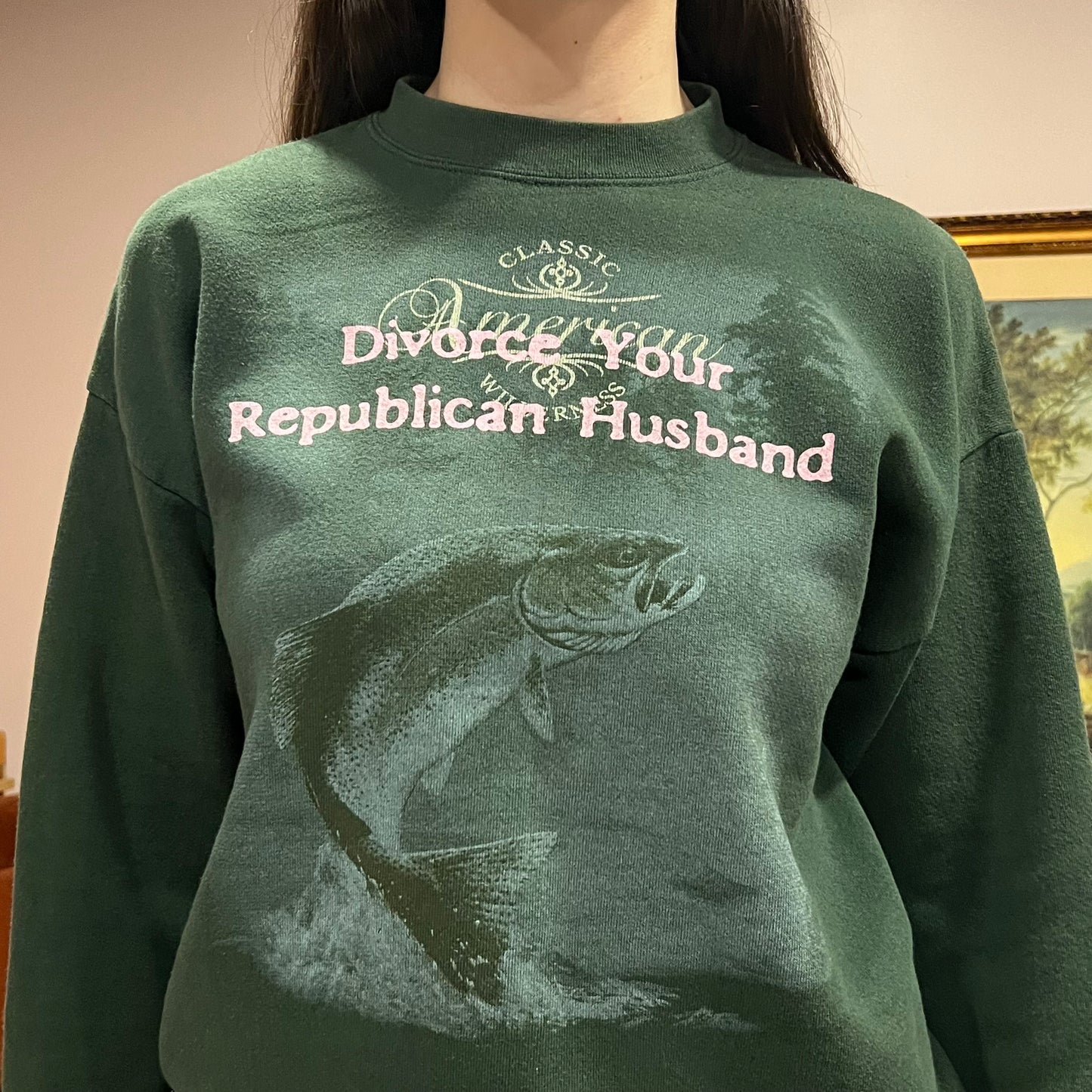 DIVORCE YOUR REPUBLICAN HUSBAND animal crewneck with pink text (L)