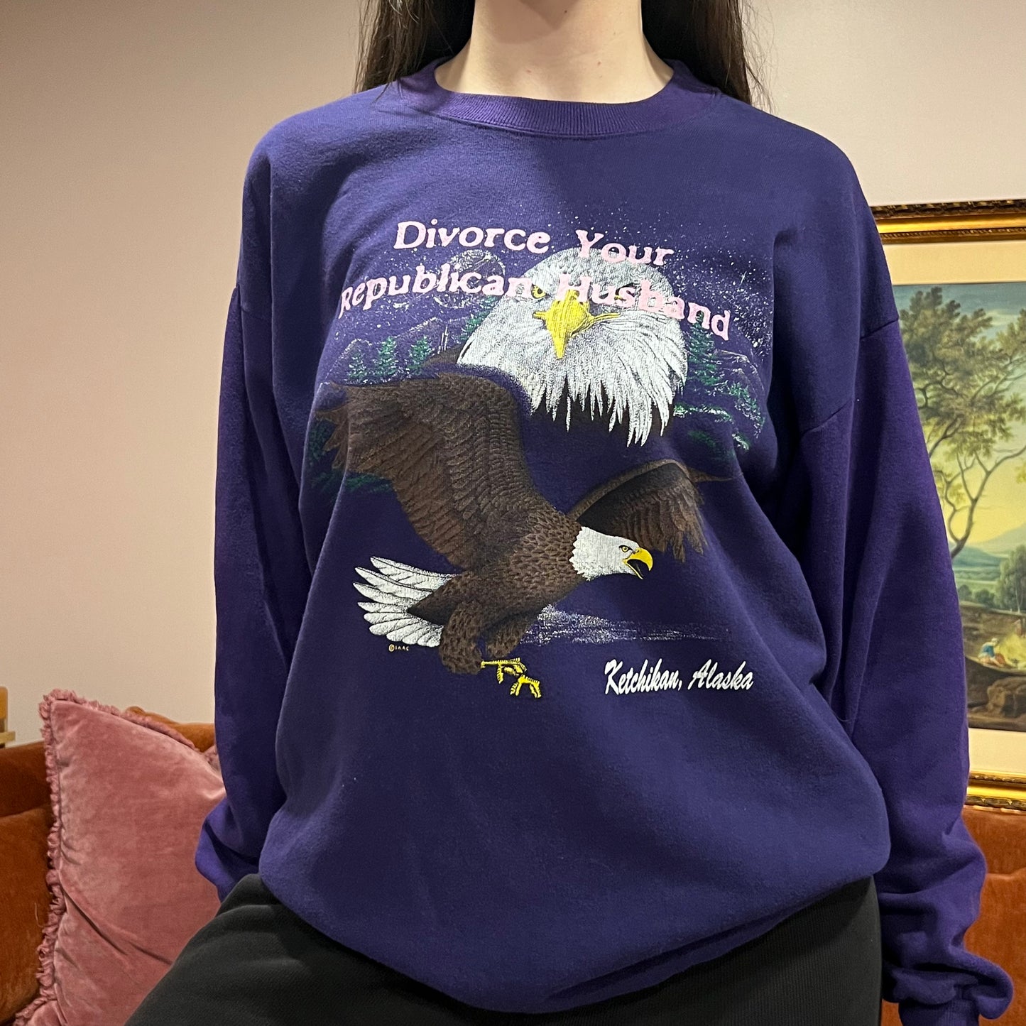 DIVORCE YOUR REPUBLICAN HUSBAND animal crewneck with pink text (L)