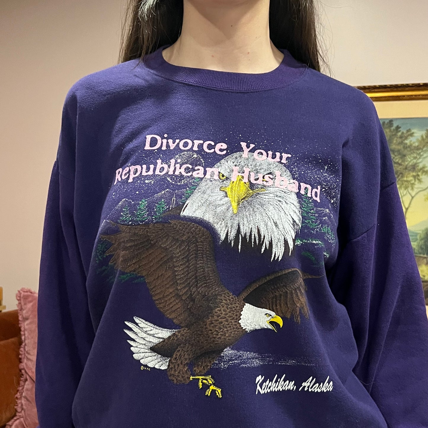DIVORCE YOUR REPUBLICAN HUSBAND animal crewneck with pink text (L)