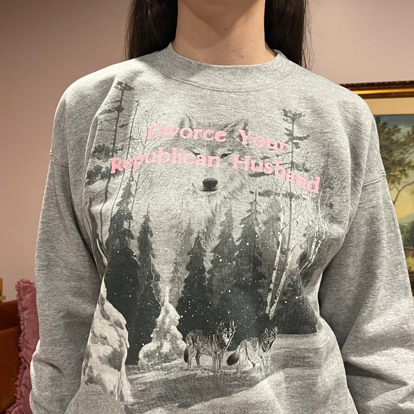 DIVORCE YOUR REPUBLICAN HUSBAND animal crewneck with pink text (L)