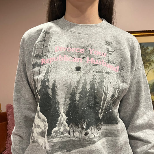 DIVORCE YOUR REPUBLICAN HUSBAND animal crewneck with pink text (L)