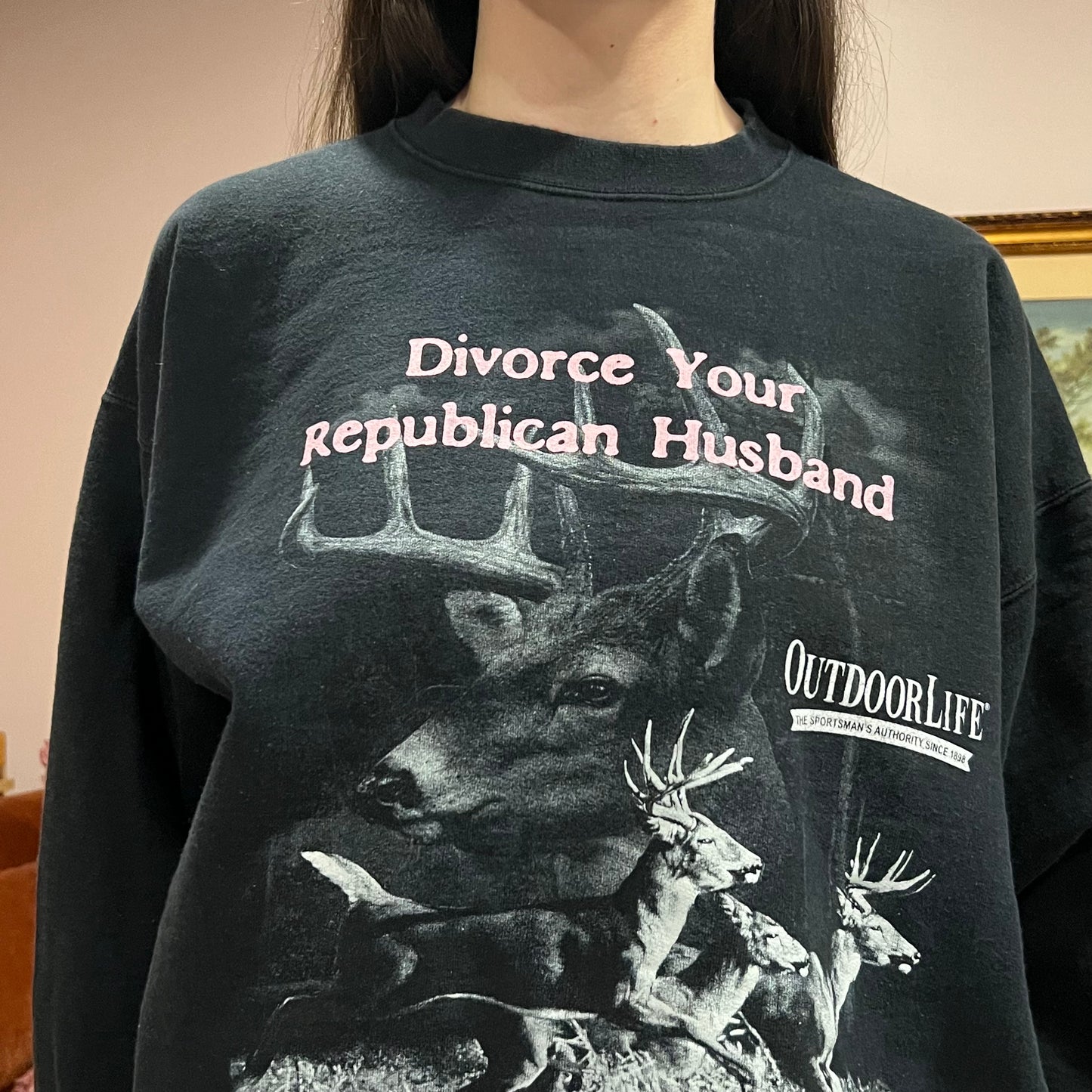 DIVORCE YOUR REPUBLICAN HUSBAND animal crewneck with pink text (L)