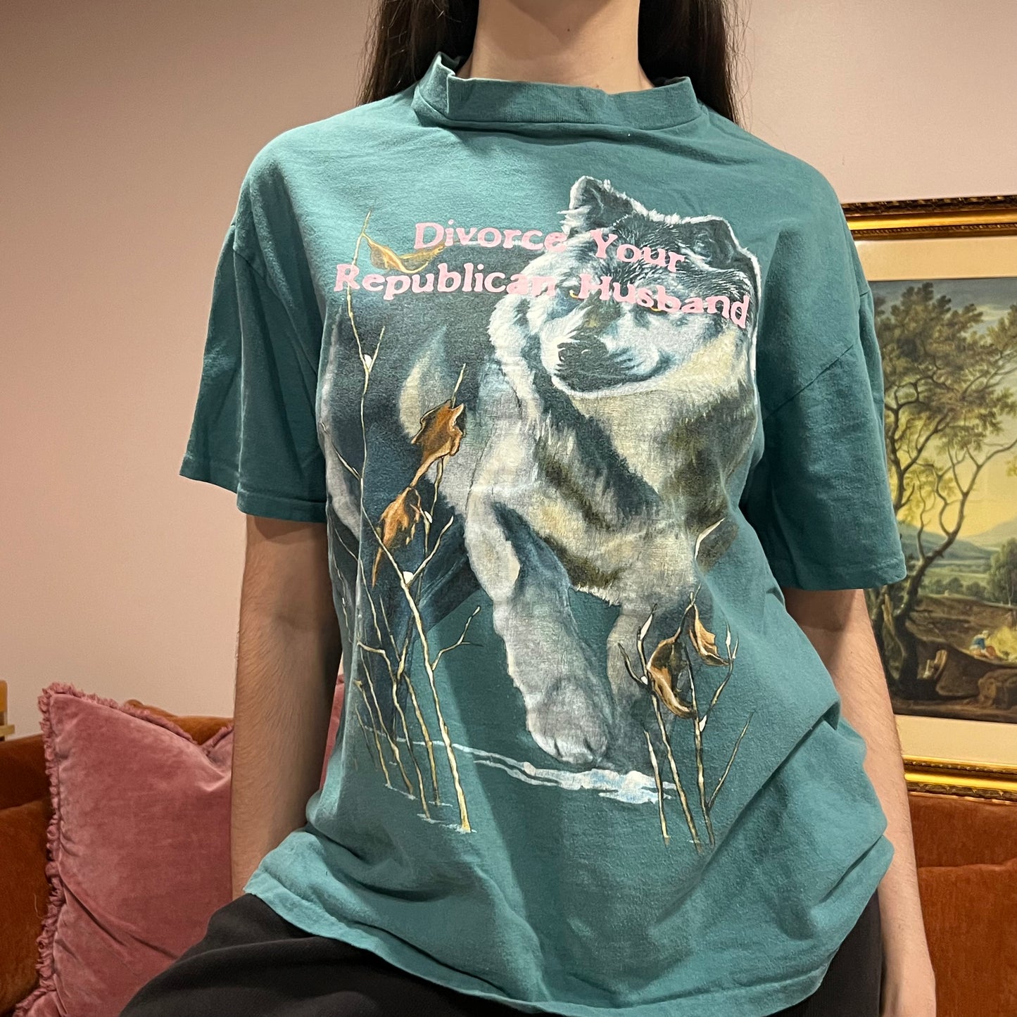 DIVORCE YOUR REPUBLICAN HUSBAND animal t-shirt with pink text (L)