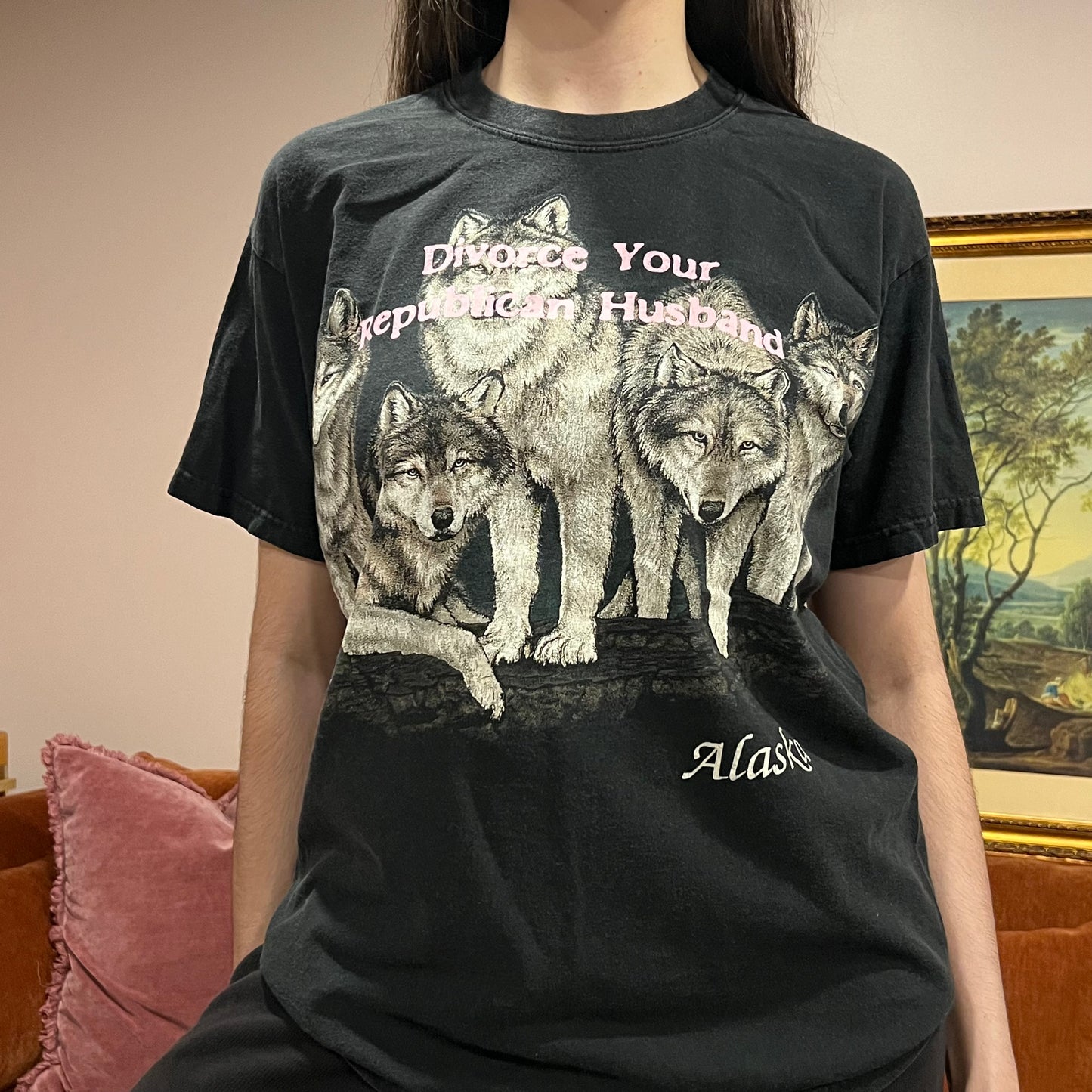 DIVORCE YOUR REPUBLICAN HUSBAND animal t-shirt with pink text (L)