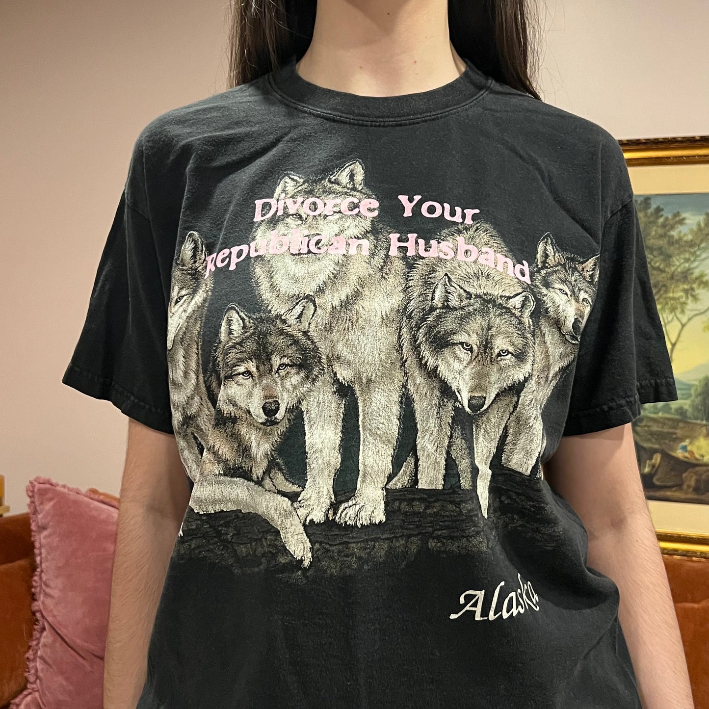 DIVORCE YOUR REPUBLICAN HUSBAND animal t-shirt with pink text (L)