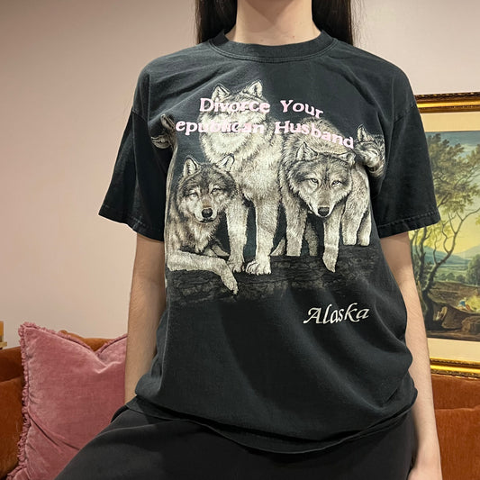 DIVORCE YOUR REPUBLICAN HUSBAND animal t-shirt with pink text (L)