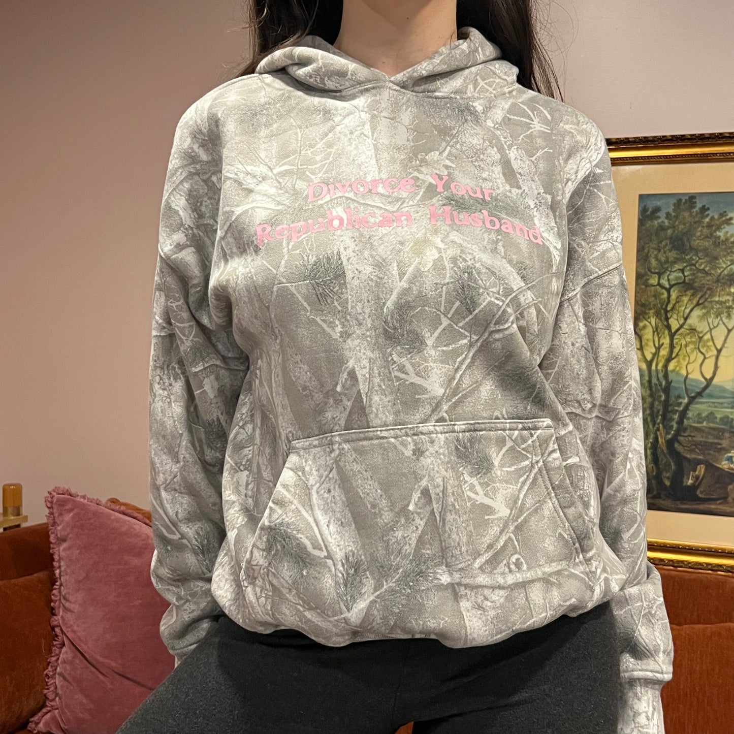 DIVORCE YOUR REPUBLICAN HUSBAND white camo hoodie with pink text (S)